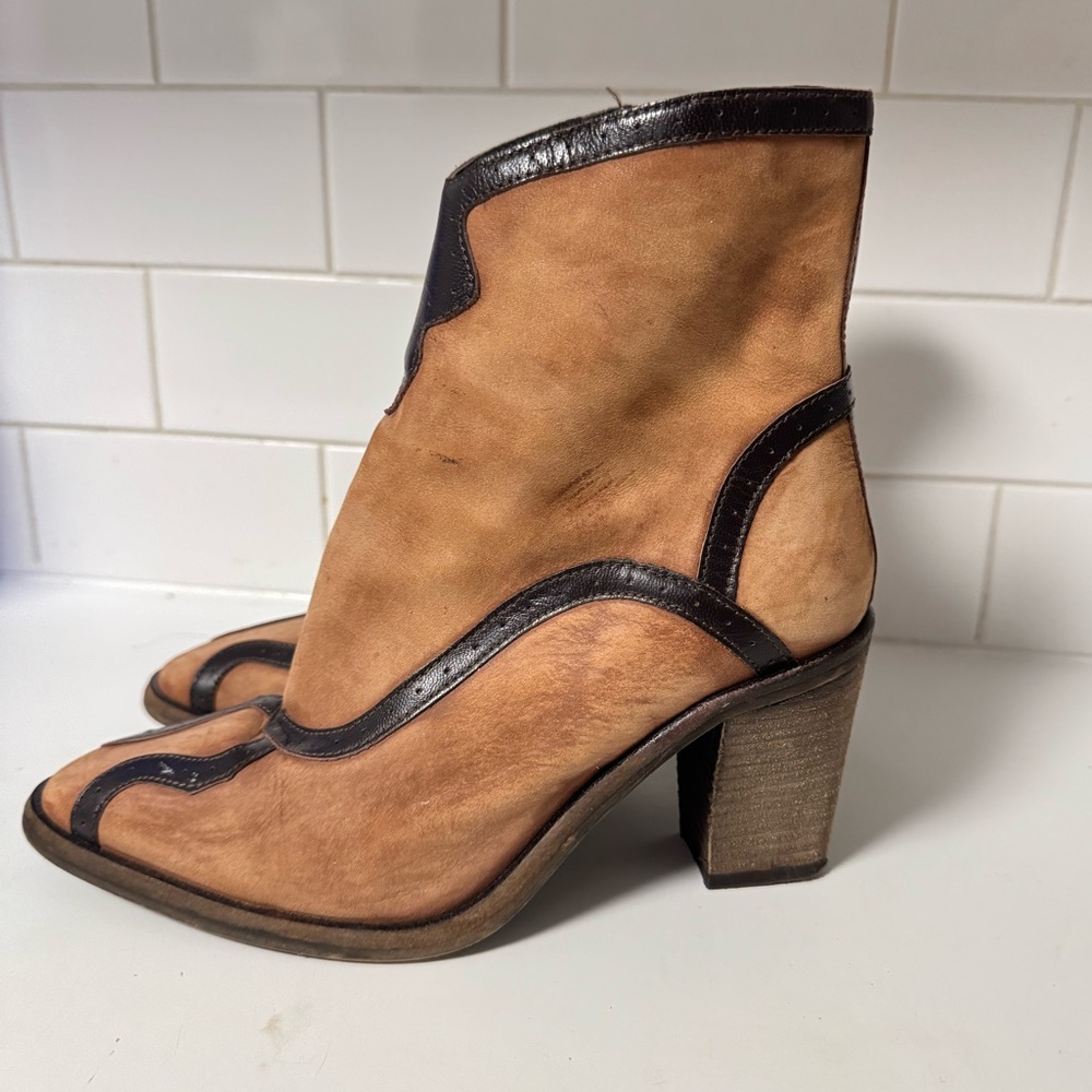 Free People Winding Road Tan Brown Leather Western Cowboy Booties Size 38 - Picture 2 of 13